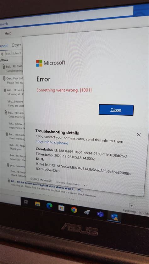 Outlook 365 application error 1001, mail is not syncing.